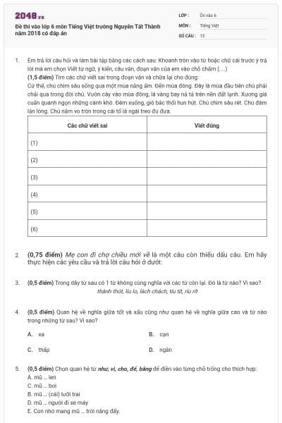 Đề thi vào lớp 6 môn Tiếng Việt trường Nguyễn Tất Thành năm 2018 có đáp án