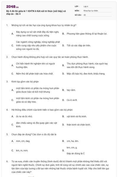 Bộ 4 đề thi giữa kì 1 KHTN 6 Kết nối tri thức (nối tiếp) có đáp án - Đề 4