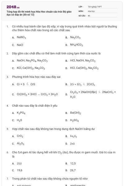 Tổng hợp đề thi minh họa Hóa Hoc chuẩn cấu trúc Bộ giáo dục có đáp án (đề số 13)