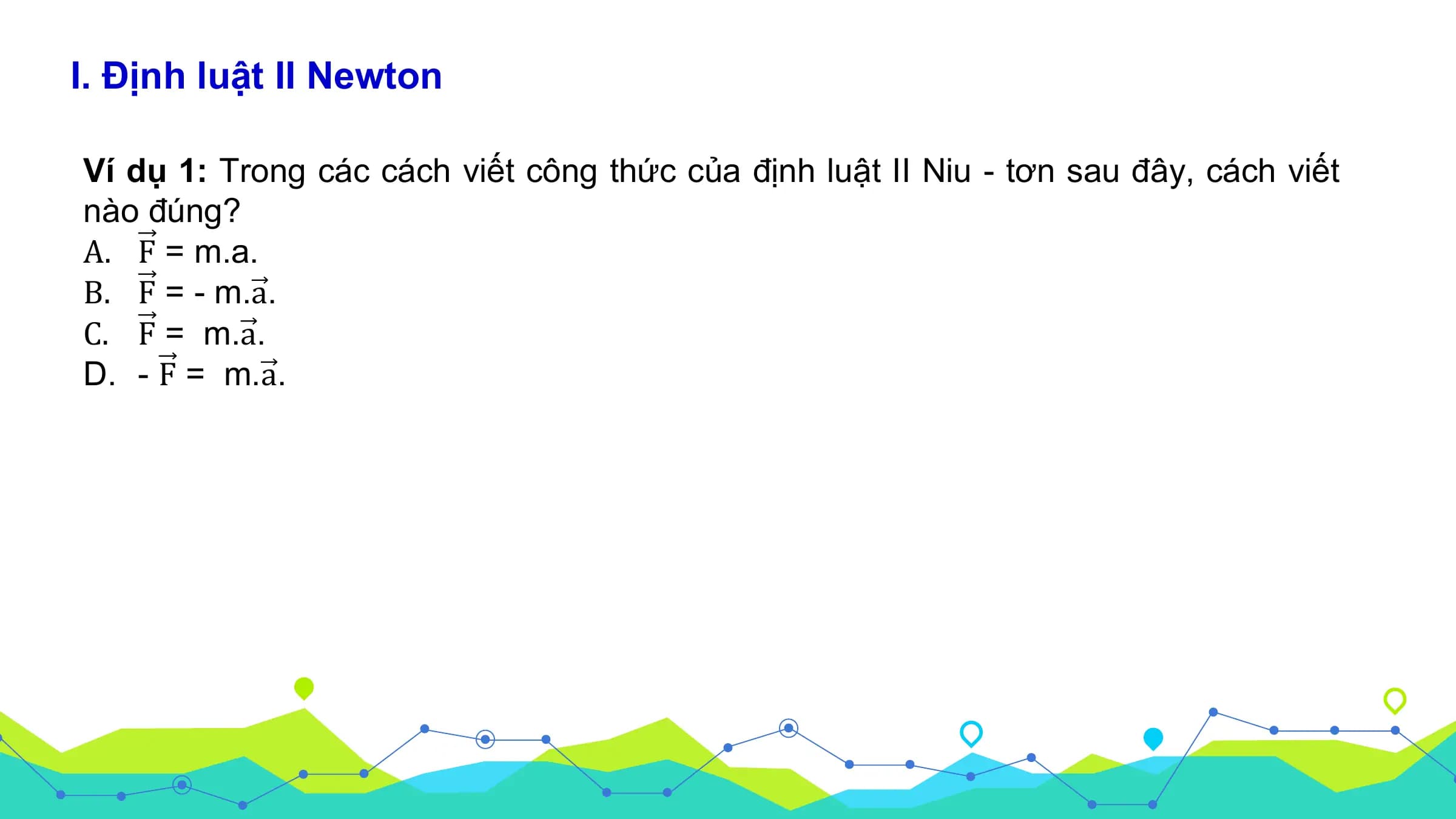 I. Định luật II Newton

Ví dụ 1: Trong các cách viết công thức của định luật II Niu - tơn sau đây, cách viết
nào đúng?
A. F = m.a.
B. F = - m.a.
C. F = m.a.
D. - F = m.a.