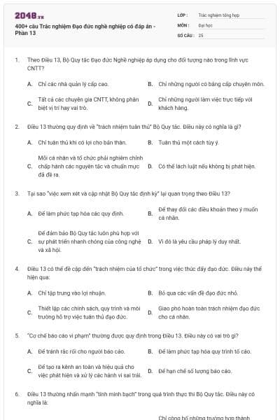 400+ câu Trắc nghiệm Đạo đức nghề nghiệp có đáp án - Phần 13