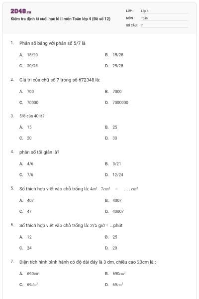 Kiểm tra định kì cuối học kì II môn Toán lớp 4 (Đề số 12)
