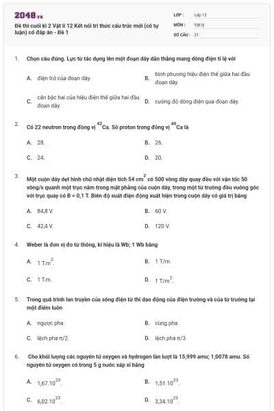 Đề thi cuối kì 2 Vật lí 12 Kết nối tri thức cấu trúc mới (có tự luận) có đáp án - Đề 1
