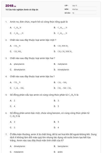 16 Câu trắc nghiệm Amin có đáp án