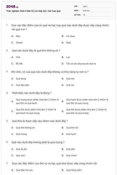 Trắc nghiệm Sinh 6 Bài 32 (có đáp án): Các loại quả