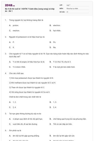 Bộ 4 đề thi cuối kì 1 KHTN 7 Cánh diều (song song) có đáp án - Đề 1