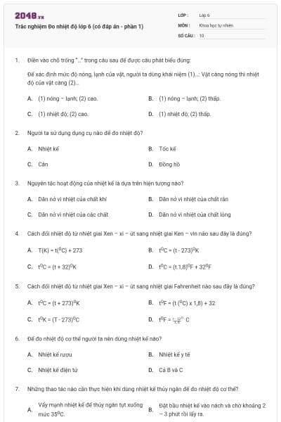Trắc nghiệm Đo nhiệt độ lớp 6 (có đáp án - phần 1)