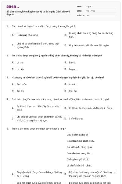 20 câu trắc nghiệm Luyện tập về từ đa nghĩa Cánh diều có đáp án