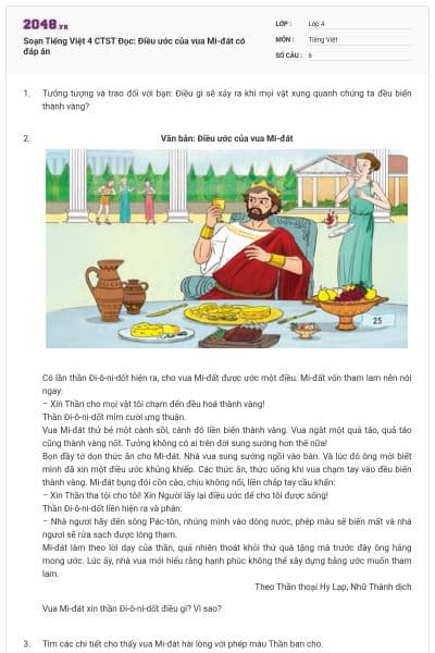 Soạn Tiếng Việt 4 CTST Đọc: Điều ước của vua Mi-đát có đáp án