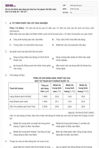 Đề ôn thi Đánh giá năng lực Đại học Sư phạm Hà Nội môn Địa lí có đáp án - Đề số 1