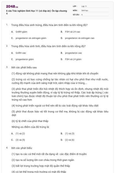6 câu Trắc nghiệm Sinh Học 11 (có đáp án): Ôn tập chương 4