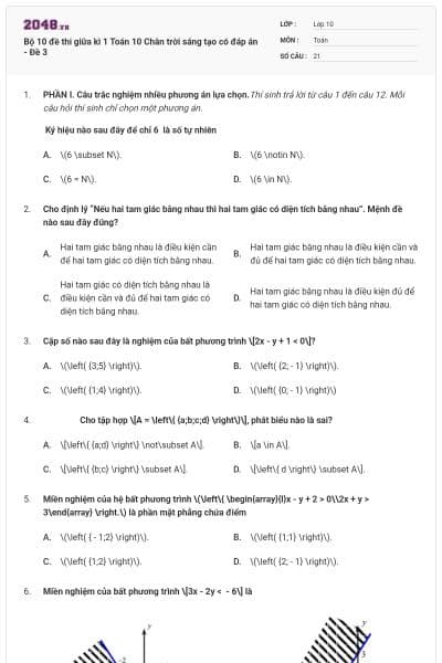 Bộ 10 đề thi giữa kì 1 Toán 10 Chân trời sáng tạo có đáp án - Đề 3