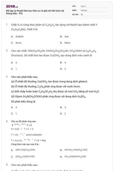 Bài tập Lý thuyết Hóa học Hữu cơ có giải chi tiết (mức độ thông hiểu - P3)