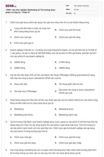 1000+ câu trắc nghiệm Marketing và Thị trường dược phẩm có đáp án - Phần 51