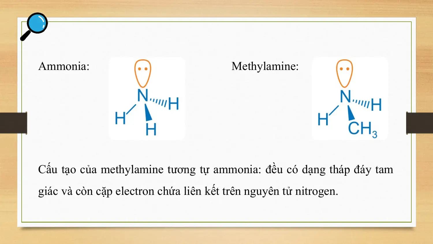 Ammonia: Methylamine:

Cấu tạo của methylamine tương tự ammonia: đều có dạng tháp đáy tam
giác và còn cặp electron chứa liên kết trên nguyên tử nitrogen.