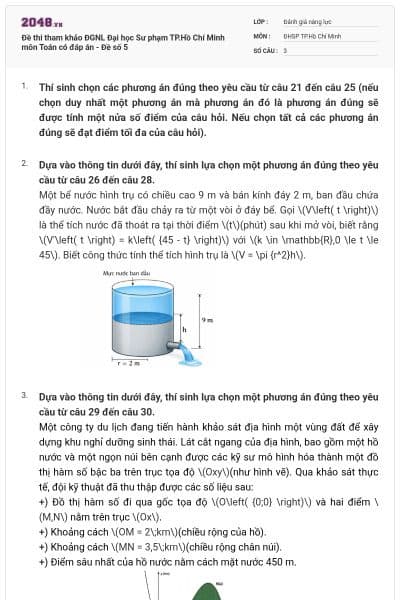 Đề thi tham khảo ĐGNL Đại học Sư phạm TP.Hồ Chí Minh môn Toán có đáp án - Đề số 5