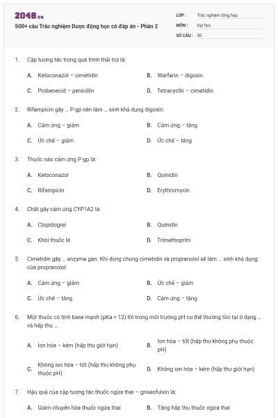 500+ câu Trắc nghiệm Dược động học có đáp án - Phần 2