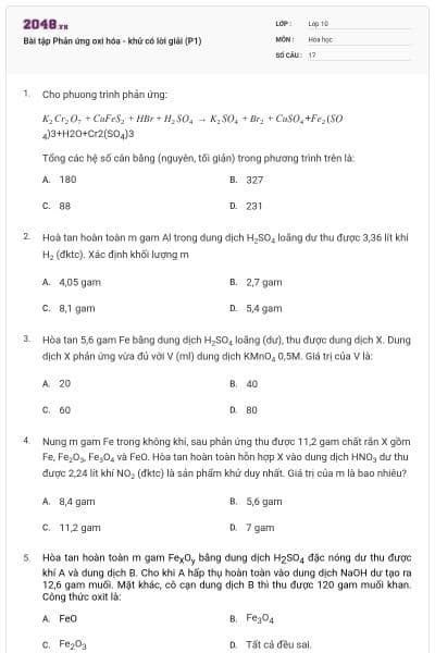 Bài tập Phản ứng oxi hóa - khử có lời giải (P1)