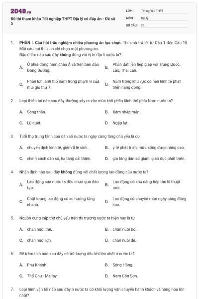 Đề thi tham khảo Tốt nghiệp THPT Địa lý có đáp án - Đề số 5