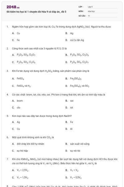Đề kiểm tra học kì 1 chuyên đề Hóa 9 có đáp án_ đề 5