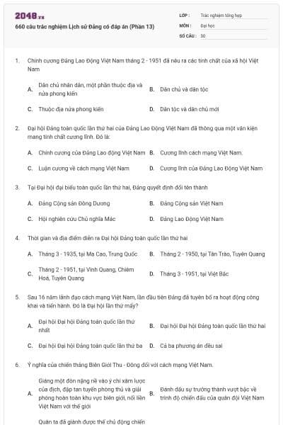 660 câu trắc nghiệm Lịch sử Đảng có đáp án (Phần 13)