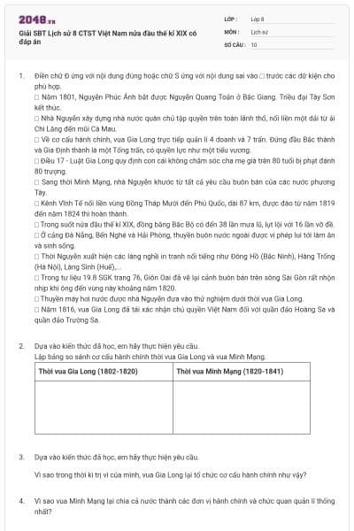 Giải SBT Lịch sử 8 CTST Việt Nam nửa đầu thế kỉ XIX có đáp án
