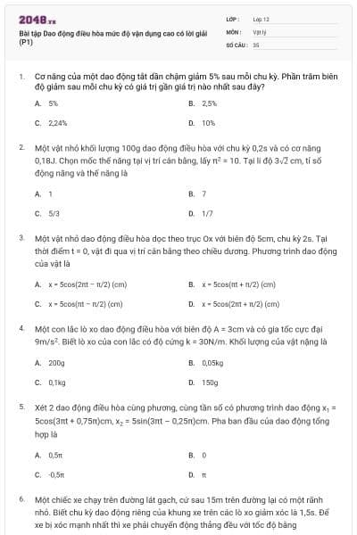 Bài tập Dao động điều hòa mức độ vận dụng cao có lời giải (P1)