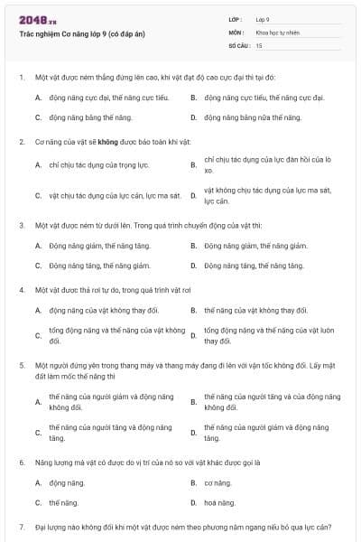 Trắc nghiệm Cơ năng lớp 9 (có đáp án)