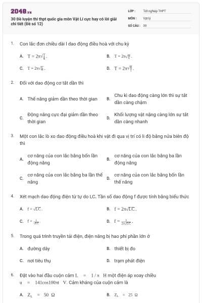 30 Đề luyện thi thpt quốc gia môn Vật Lí cực hay có lời giải chi tiết (Đề số 12)