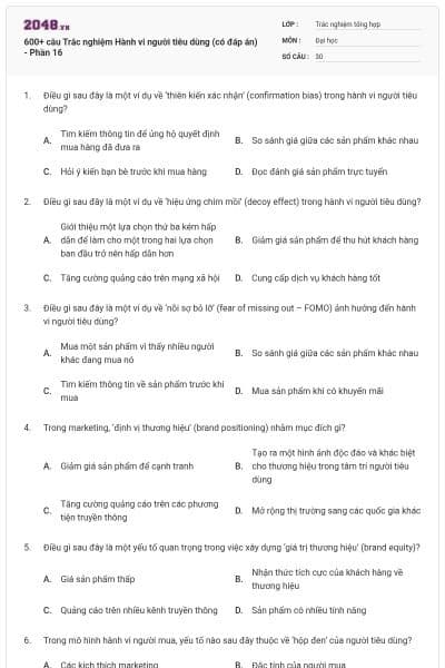 600+ câu Trắc nghiệm Hành vi người tiêu dùng (có đáp án) - Phần 16