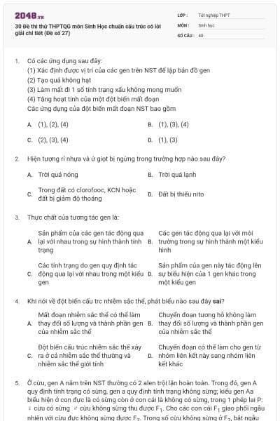 30 Đề thi thử THPTQG môn Sinh Học chuẩn cấu trúc có lời giải chi tiết (Đề số 27)