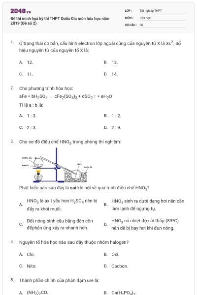 Đề thi minh họa kỳ thi THPT Quốc Gia môn hóa học năm 2019 (Đề số 2)