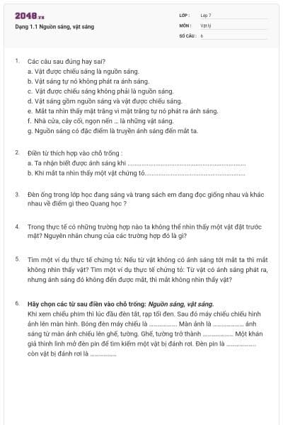 Dạng 1.1 Nguồn sáng, vật sáng