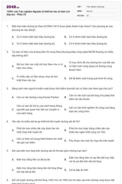 1000+ câu Trắc nghiệm Nguyên lý thiết kế cầu và hầm (có đáp án) - Phần 25