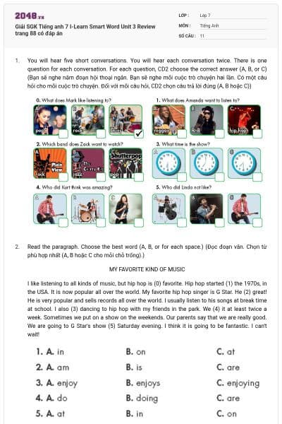 Giải SGK Tiếng anh 7 I-Learn Smart Word Unit 3 Review trang 88 có đáp án
