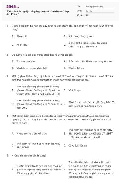 500+ câu trắc nghiệm tổng hợp Luật sở hữu trí tuệ có đáp án - Phần 2