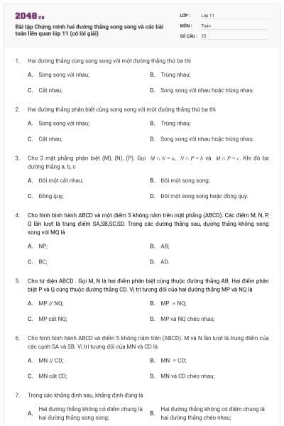 Bài tập Chứng minh hai đường thẳng song song và các bài toán liên quan lớp 11 (có lời giải)
