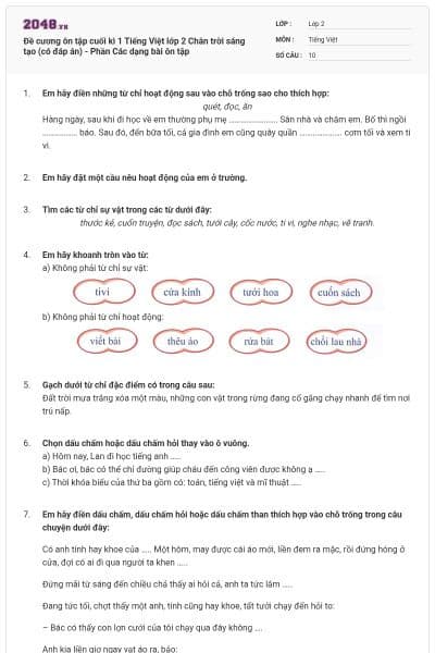 Đề cương ôn tập cuối kì 1 Tiếng Việt lớp 2 Chân trời sáng tạo (có đáp án) - Phần Các dạng bài ôn tập