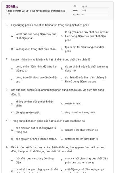 13 Đề kiểm tra Vật Lí 11 cực hay có lời giải chi tiết (Đề số 11)