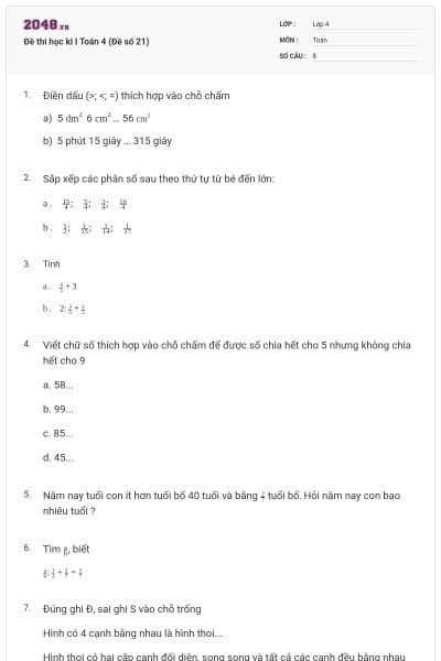 Đề thi học kì I Toán 4 (Đề số 21)