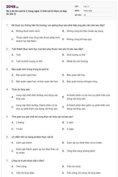Bộ 4 đề thi cuối kì 2 Công nghệ 12 Kết nối tri thức có đáp án (Đề 3)