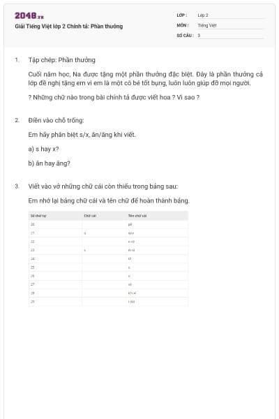 Giải Tiếng Việt lớp 2 Chính tả: Phần thưởng