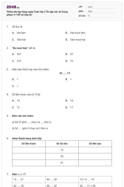 Phiếu bài tập hàng ngày Toán lớp 2 Ôn tập các số trong phạm vi 100 có đáp án