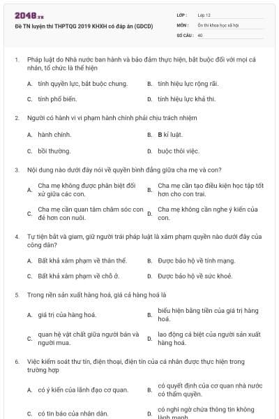 Đề TN luyện thi THPTQG 2019 KHXH có đáp án (GDCD)