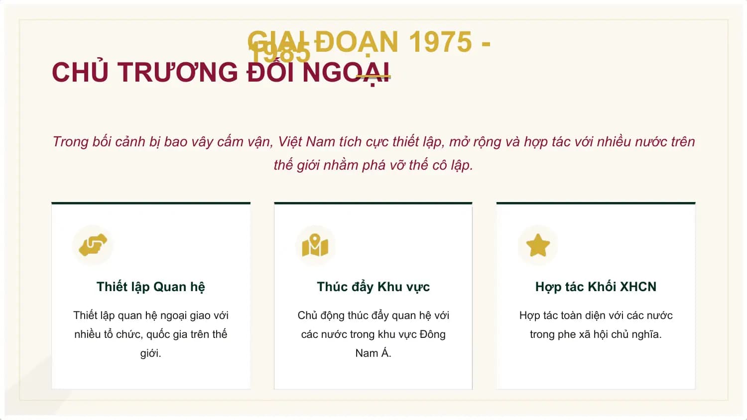 GIAI
 1985 ĐOẠN 1975 -
CHỦ TRƯƠNG ĐỐI NGOẠI

Trong bối cảnh bị bao vây cấm vận, Việt Nam tích cực thiết lập, mở rộng và hợp tác với nhiều nước trên
 thế giới nhằm phá vỡ thế cô lập.

 Thiết lập Quan hệ Thúc đẩy Khu vực Hợp tác Khối XHCN

 Thiết lập quan hệ ngoại giao với Chủ động thúc đẩy quan hệ với Hợp tác toàn diện với các nước
 nhiều tổ chức, quốc gia trên thế các nước trong khu vực Đông trong phe xã hội chủ nghĩa.
 giới. Nam Á.