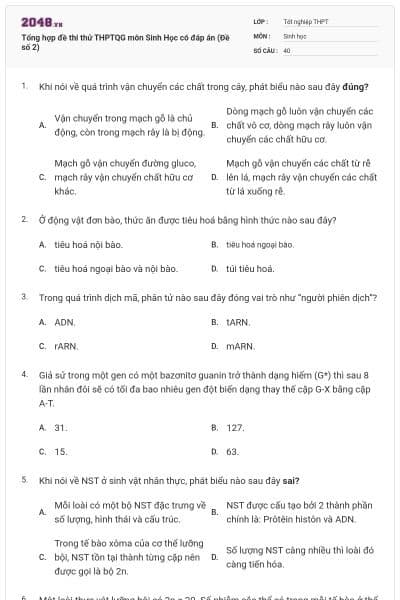 Tổng hợp đề thi thử THPTQG môn Sinh Học có đáp án (Đề số 2)