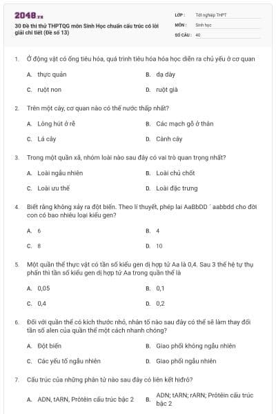30 Đề thi thử THPTQG môn Sinh Học chuẩn cấu trúc có lời giải chi tiết (Đề số 13)