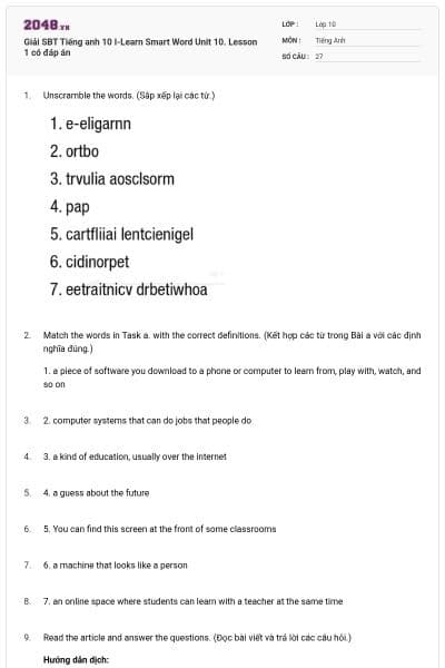 Giải SBT Tiếng anh 10 I-Learn Smart Word Unit 10. Lesson 1 có đáp án