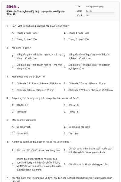 400+ câu Trắc nghiệm Kỹ thuật thực phẩm có đáp án - Phần 18