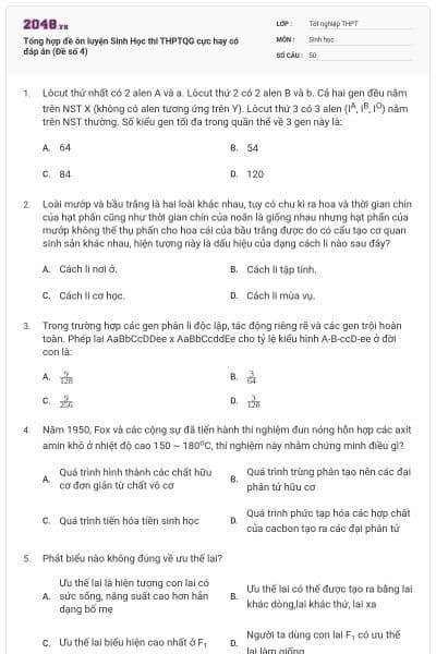 Tổng hợp đề ôn luyện Sinh Học thi THPTQG cực hay có đáp án (Đề số 4)